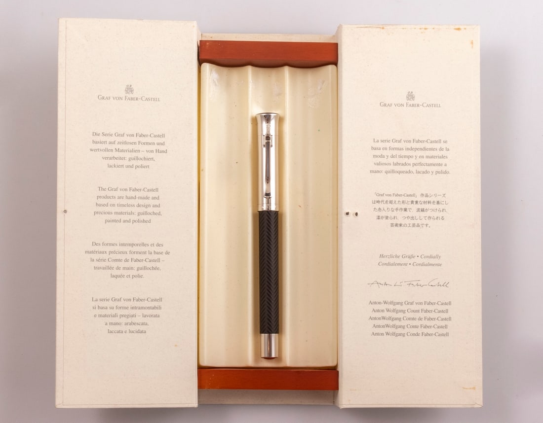 Faber-Castell Guilloche Ciselé Fountain Pen: Faber-Castell Guilloche Ciselé fountain pen, Brown-black, Herring bone pattern. Size: 5.1" (13 cm). 18K white gold nib, B. Excellent condition.