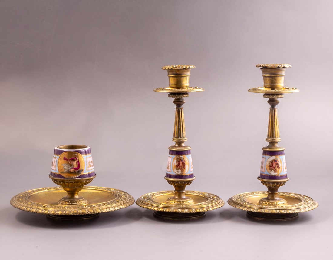 Bronze & Porcelain Candlesticks and Toothpicks Holder, France (1 of 3)