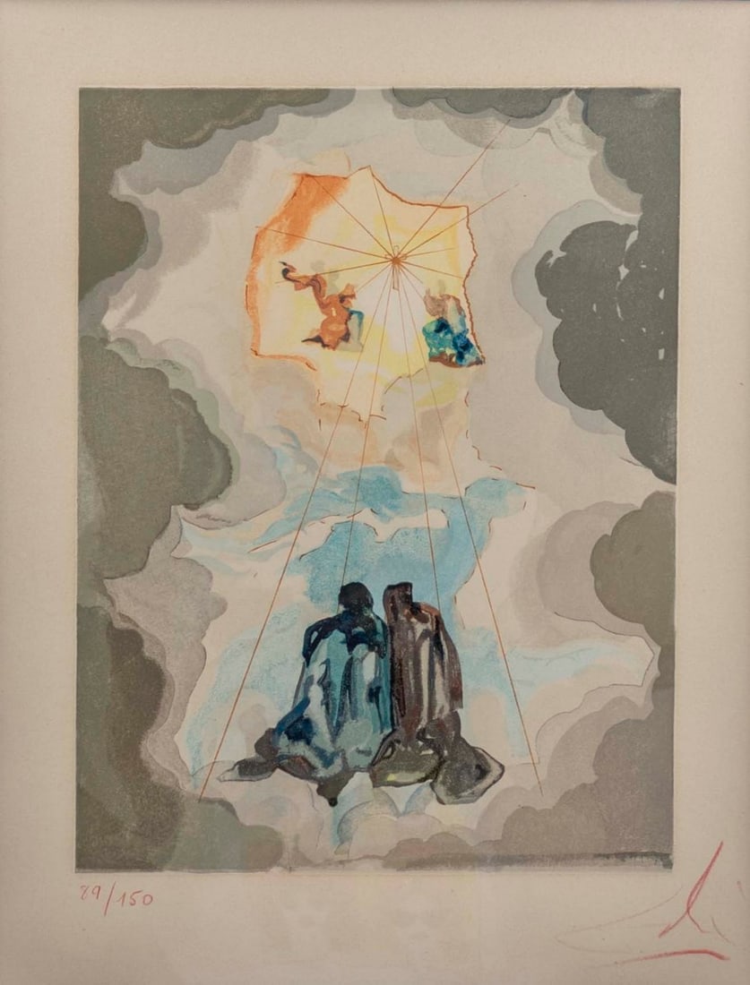 Salvador Dali (1904-1989): Salvador Dali (1904-1989), Chronology of Cacciaguida, color woodcut from the Dante - Divine Comedy series of 100 paintings. 33X26 cm, signed and numbered 89/150.