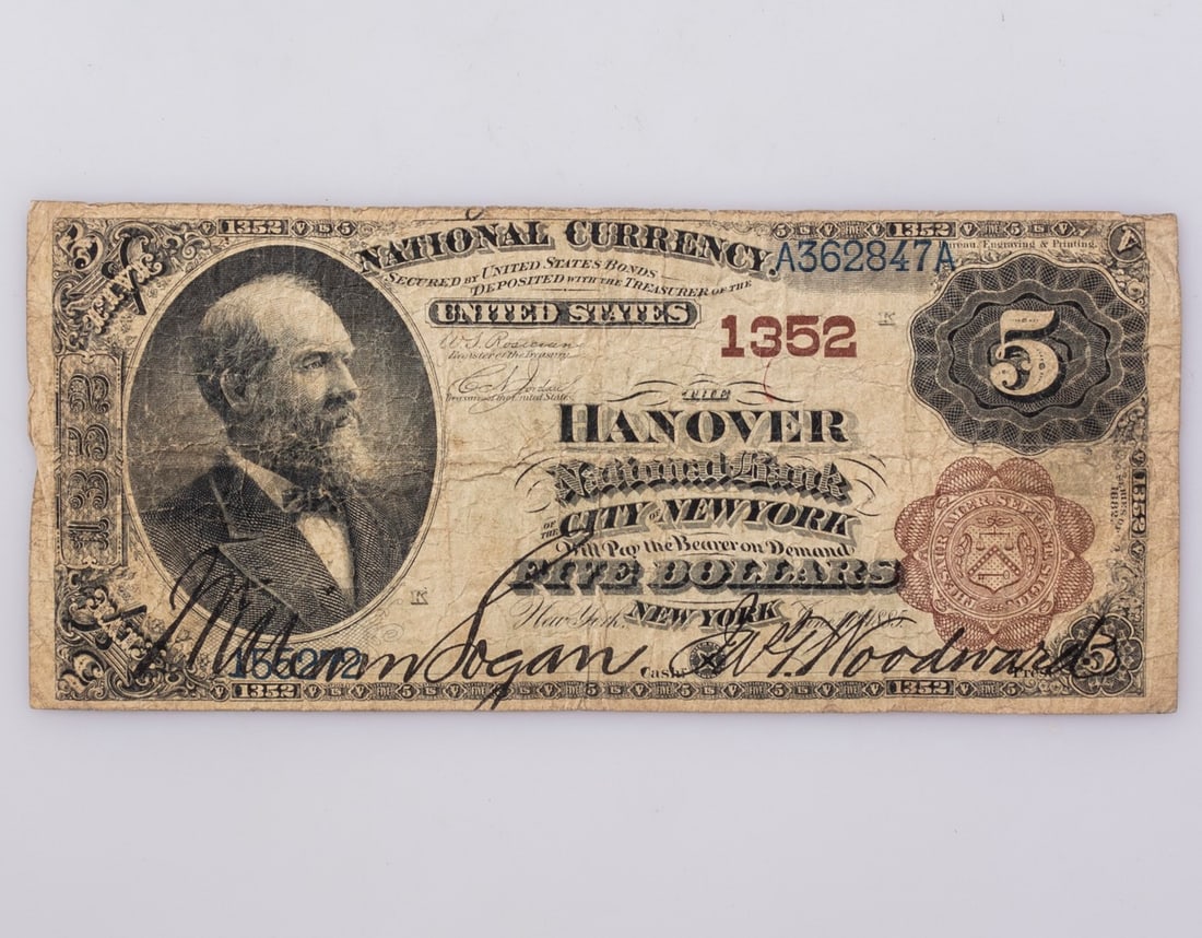 $5 1882 Brown Back, The Hanover National Bank bank Note Untied States (1 of 2)