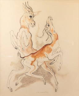 Ludwig Heinrich Jungnickel (Austrian, 1881-1965): Ludwig Heinrich Jungnickel (1881-1965), Two deers, Watercolors and charcoal on paper, 40X34 cm, signed.