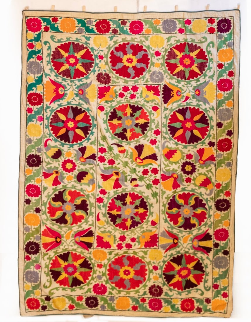 Uzbek Suzani: Uzbek Suzani, hand embroidered with floral motifs. Dimensions: 172X118 cm.