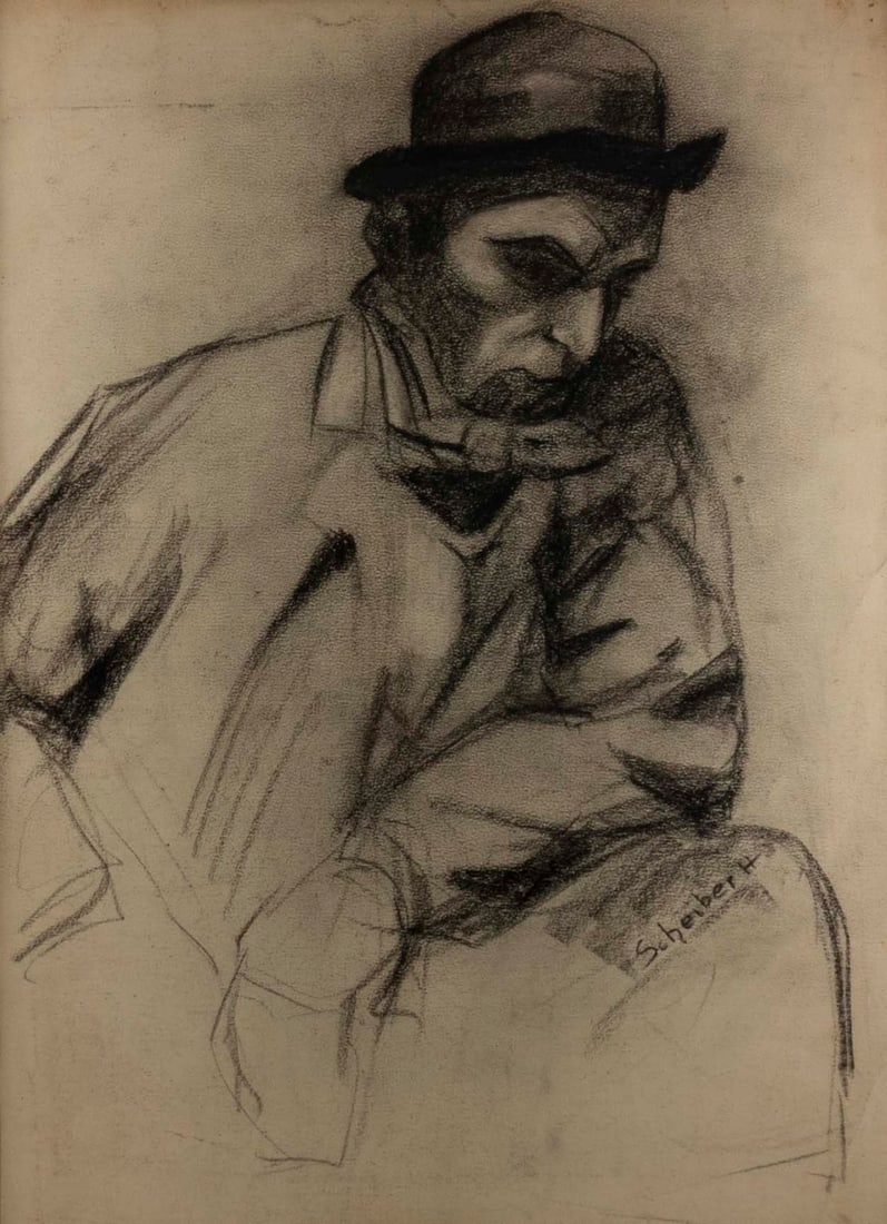 Attributed to Hugo Scheiber (1873-1950): Attributed to Hugo Scheiber, portrait of a man, charcoal on paper, 37X52 cm, signed.