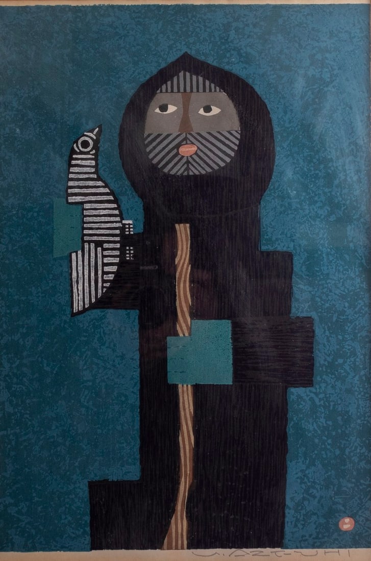 Umetaro Azechi (1902-1999): Umetaro Azechi (1902-1999), Mountaineer and a bird, color woodcut, 40X27 cm, hand signed.