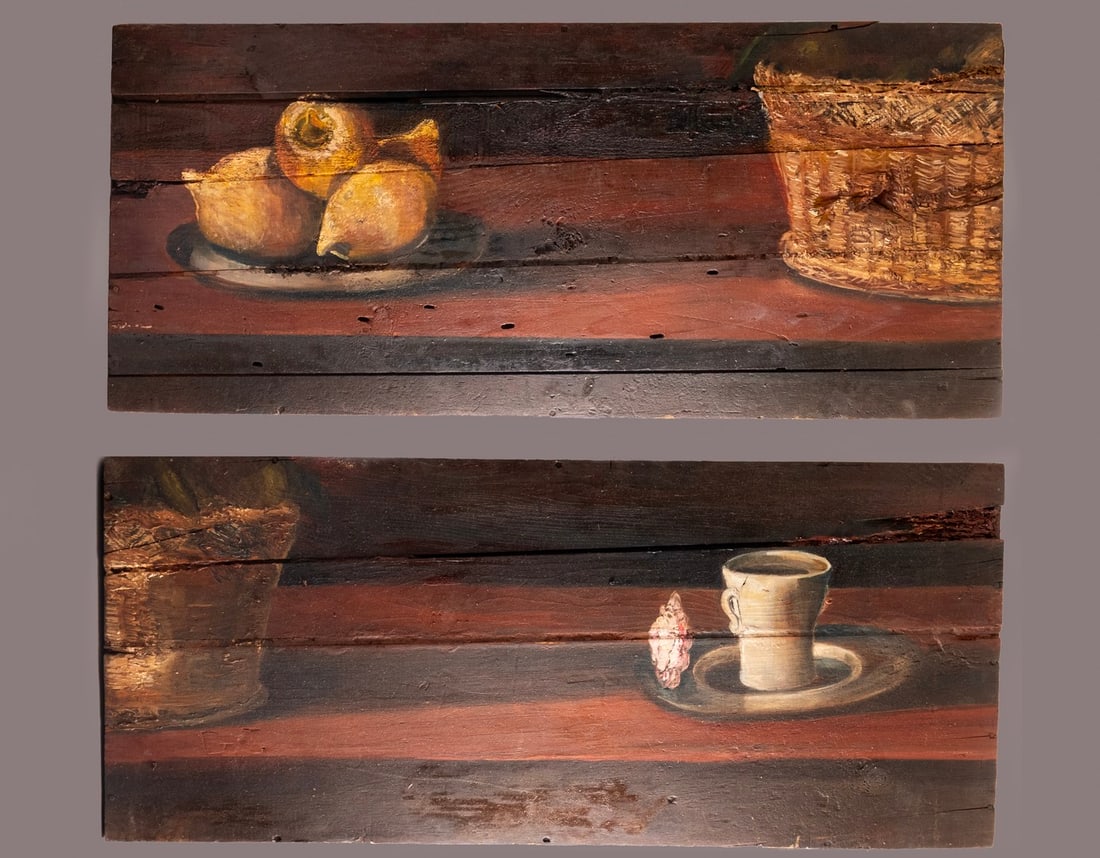 Yigal Ozeri (b. 1958): Yigal Ozeri (b. 1958), Nature Morte, diptych, oil on wood, 36X166 cm, signed (worn). Flaws to wood.