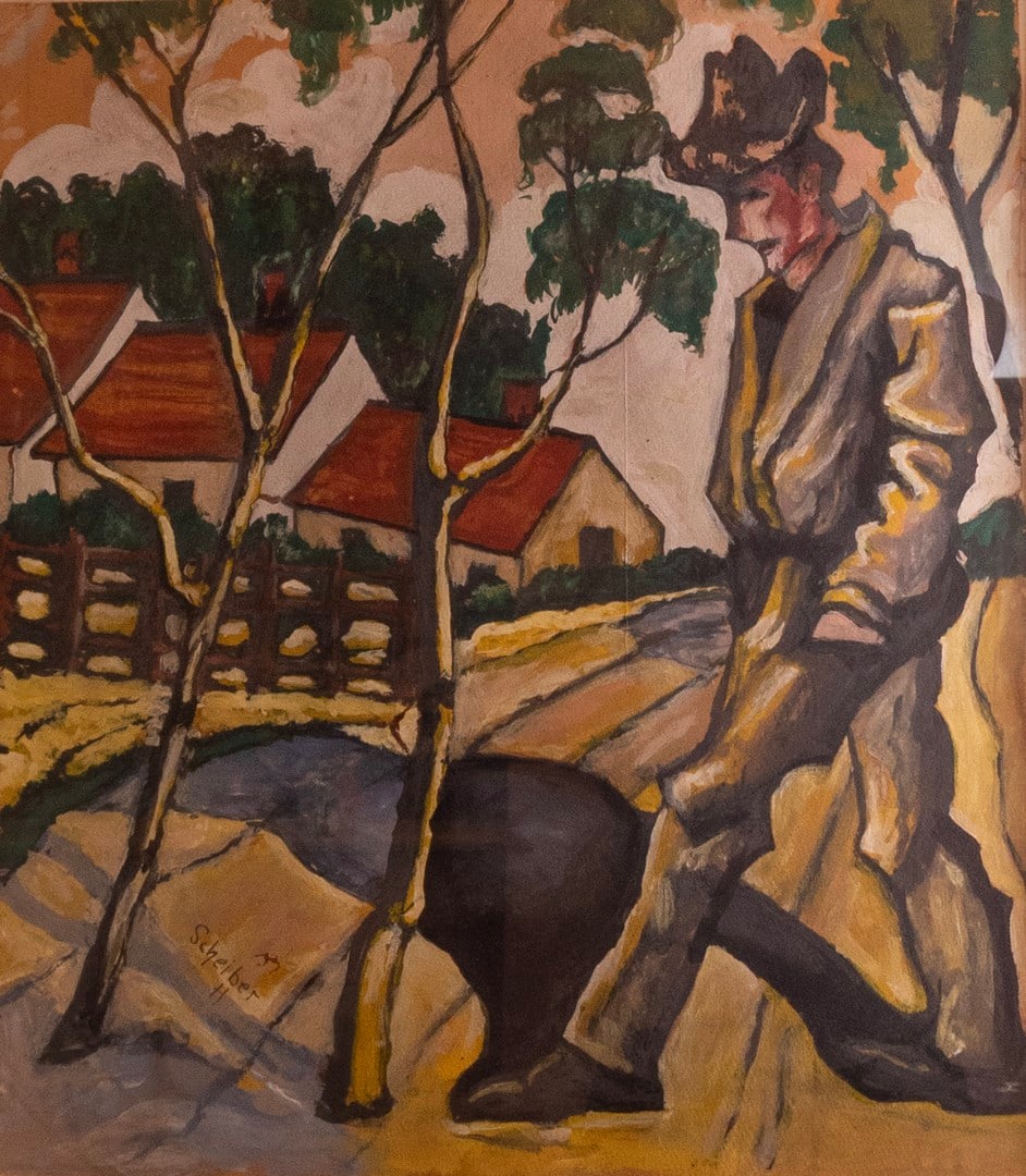 Hugo Scheiber (1873-1950): Hugo Scheiber (1873-1950), Wanderer in the village, gouache on cardboard, 50X43.5 cm, signed.Provenance: Purchased in "Ben Ami gallery", Auction 16.6.1999, Tel Aviv, Lot number 19.