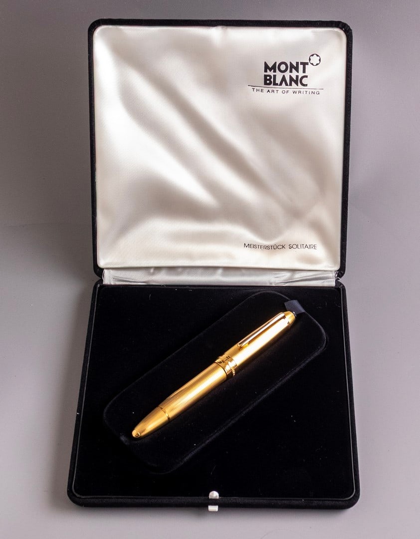 Montblanc Meisterstuck 146 Legrand Fountain Pen: Montblanc Meisterstuck 146 Legrand fountain pen, West Germany, Gold plated. Size: 5.55" (14.1 cm). 2 toned 18K gold nib, EF. Mint, NOS, In original case.