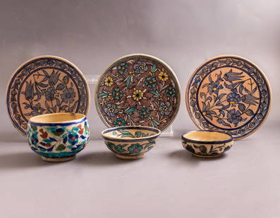 Armenian Ceramic Items: Lot of 6 Armenian (Jerusalem) ceramic items, including 3 bowls by The Joint Workshop and 3 plates. Hand painted with floral motifs. Diameter/length: 8.5-16.5 cm. Flaws to some, slight old repair to on