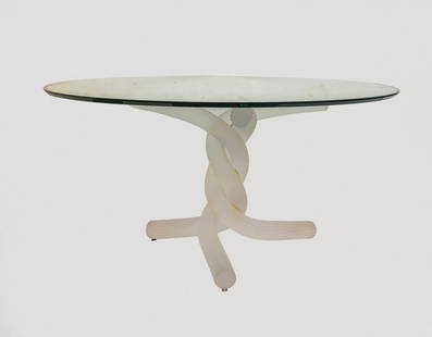 Modern Side Table, Designed by Ghibli for Roche Bobois: Modern side table designed by Ghibli for Roche Bobois, ribbed Murano frosted glass base. Height: 46 cm. Diameter: 89 cm. One of the legs is missing an iron button. *** This item is for local pick-up o
