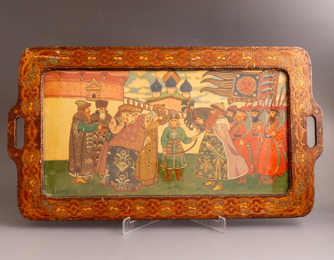 Russian Wooden Tray with Painting After Ivan Iakovlevich Bilibin (1 of 2)