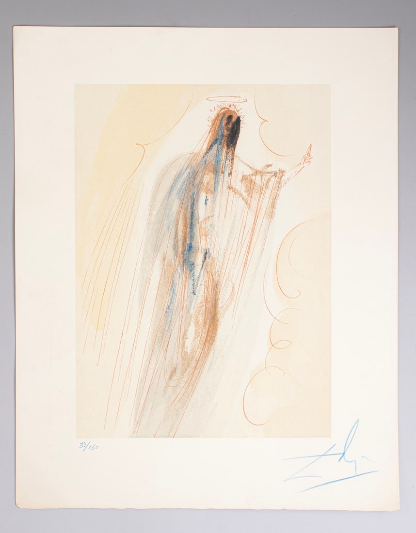 Salvador Dali (1904-1989): Salvador Dali (1904-1989), The Creation of Angels, The Divine Comedy - Paradise Canto 29, color woodblock print, 33X26 cm, signed in blue pencil and numbered 33/150.