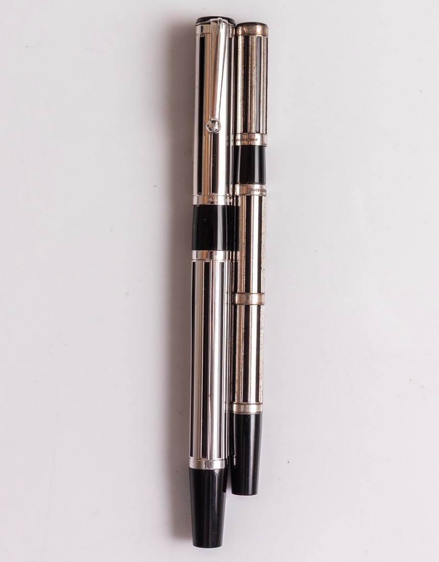 Waterman Watermina Night & Day Pens Set, Sterling Silver: Waterman Watermina Night & Day set of fountain pen and felt-tip pen, made in France. Sterling silver overlay. Size: 4.8"-5.5" (12.2-14 cm), 18K gold nib, M. Excellent condition.