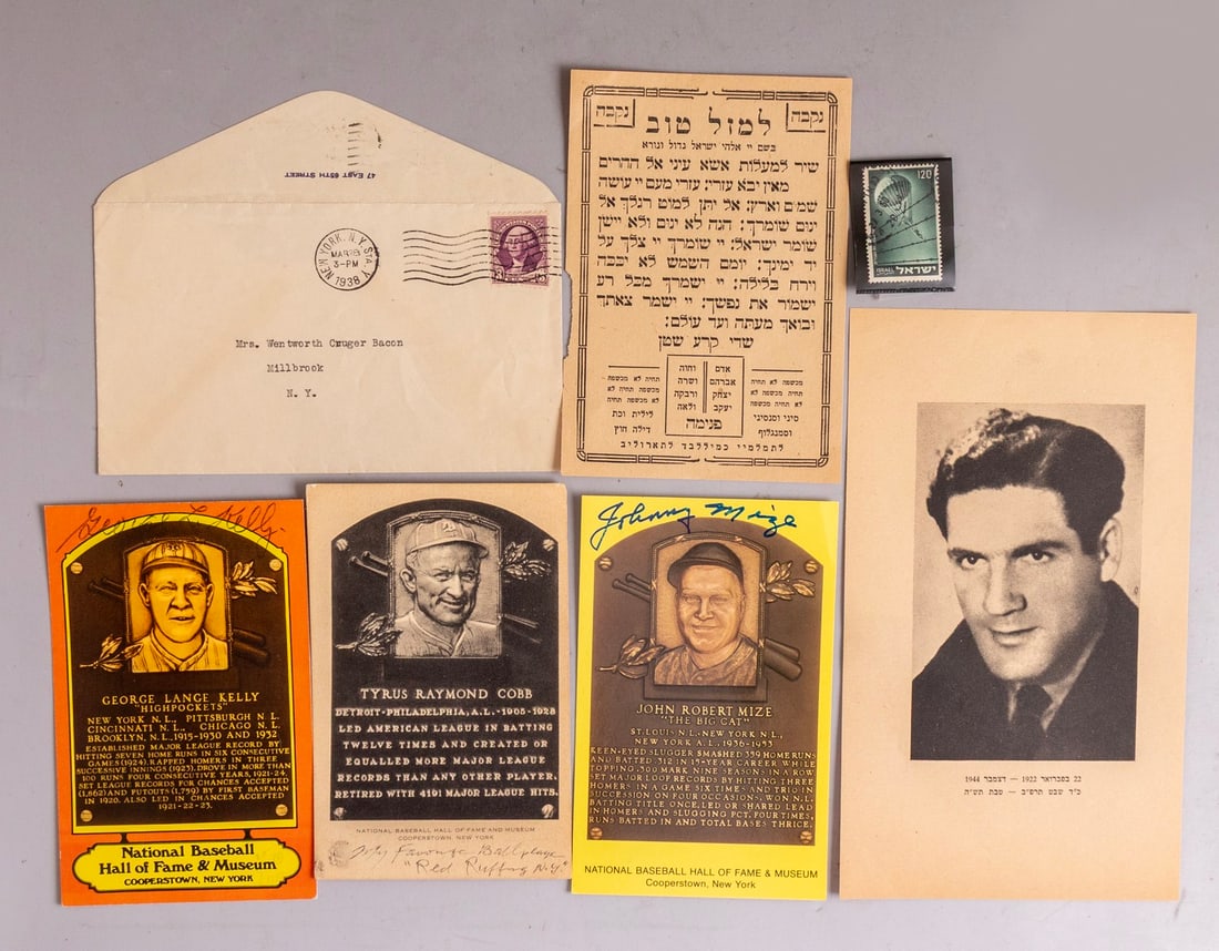 Paper items including MLB HOF Autographs: Lots of various paper items, including a Jewish amulet for good luck and signed postcards of baseball players including Hal Schumacher, Johnny Mize, George Kelly, and more.