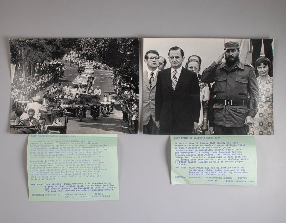 Press Photographs, Fidel Castro: Lot of 10 press photographs documenting the official visit of former Swedish Prime Minister Olof Palme to Cuba, during which he met former Cuban President Fidel Castro, circa 1973. With the exception