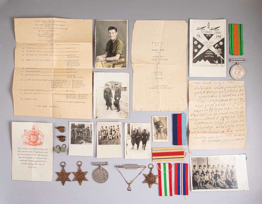 Documents and Items, British Jewish Soldier: Collection of items belonging to a British Jewish soldier named Jacob Kahan, World War II period. Including medals, certificates and more.
