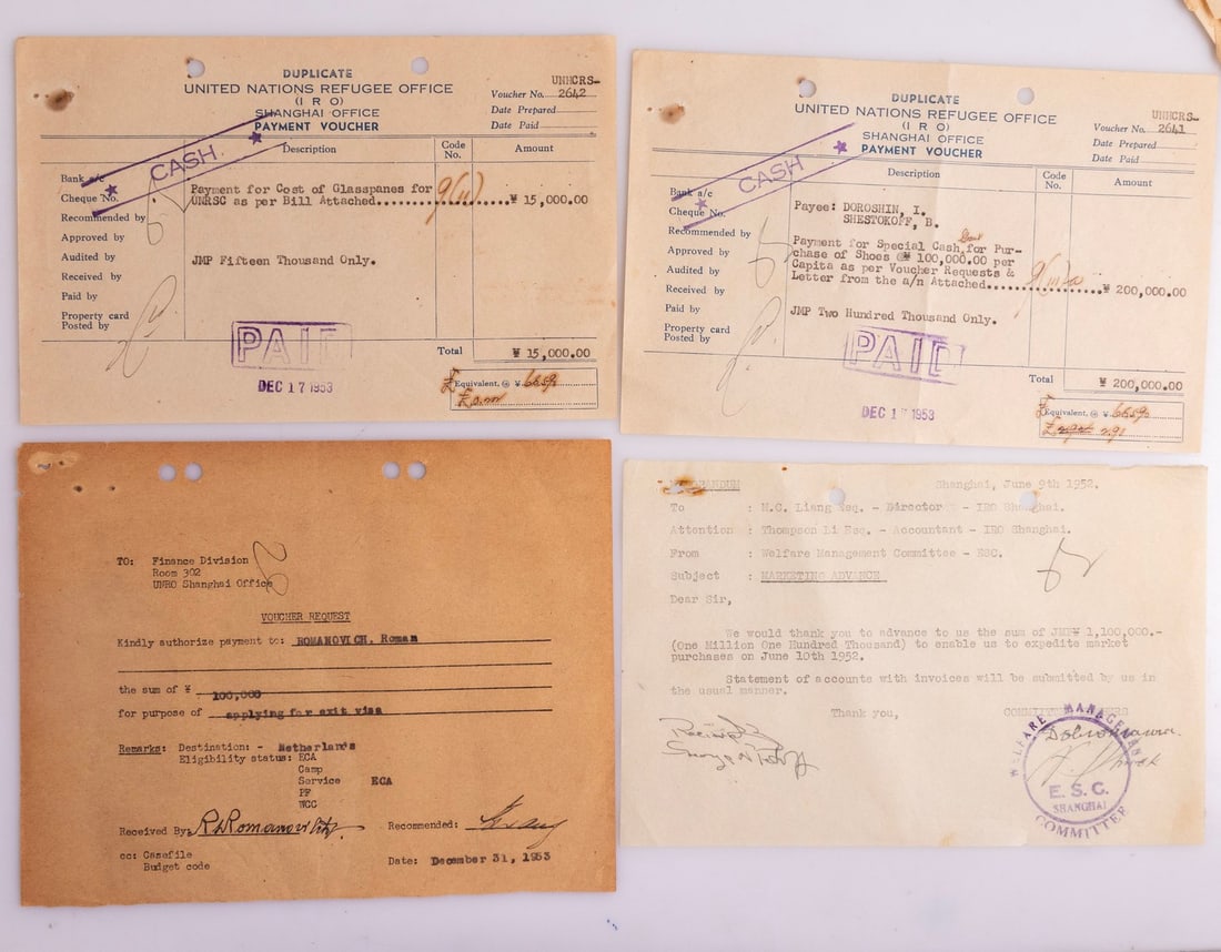 Ephemera Items, Jewish Community of Shanghai: Lot of ephemera items related to the Jewish community of Shanghai, including payment vouchers issued by the United Nations Refugee Office and more.
