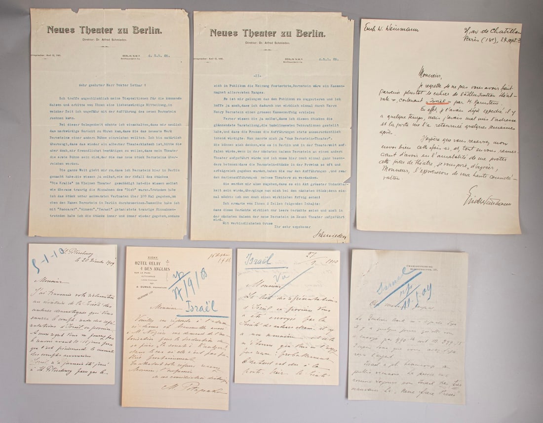 Correspondence Regarding the Copyright of the Play "Israel": Correspondence regarding the copyright of the play "Israel" by playwright Henri Bernstein. Includes letters concerning the Russian translation by translator Maria Konopnicka Kotopenko.