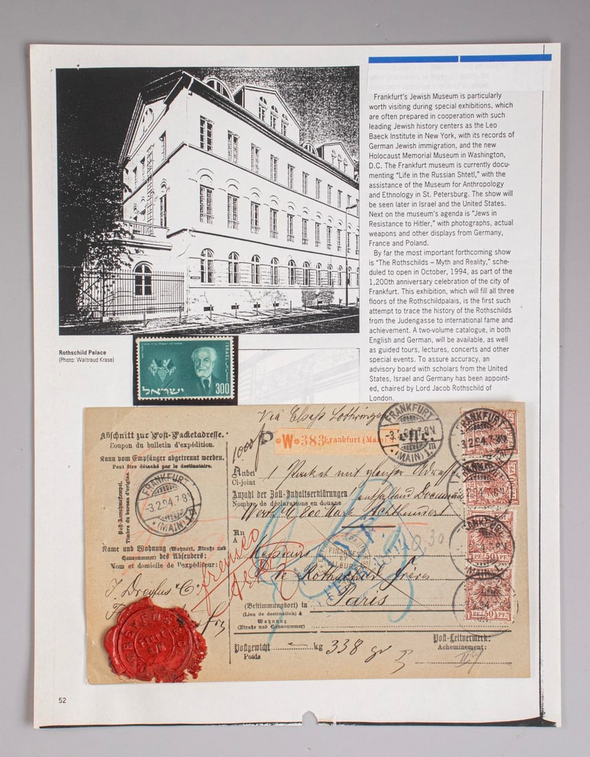 Parcel Card, the Rothschild Family: A parcel card between two members of the Rothschild family, from Germany to France, probably during World War I.