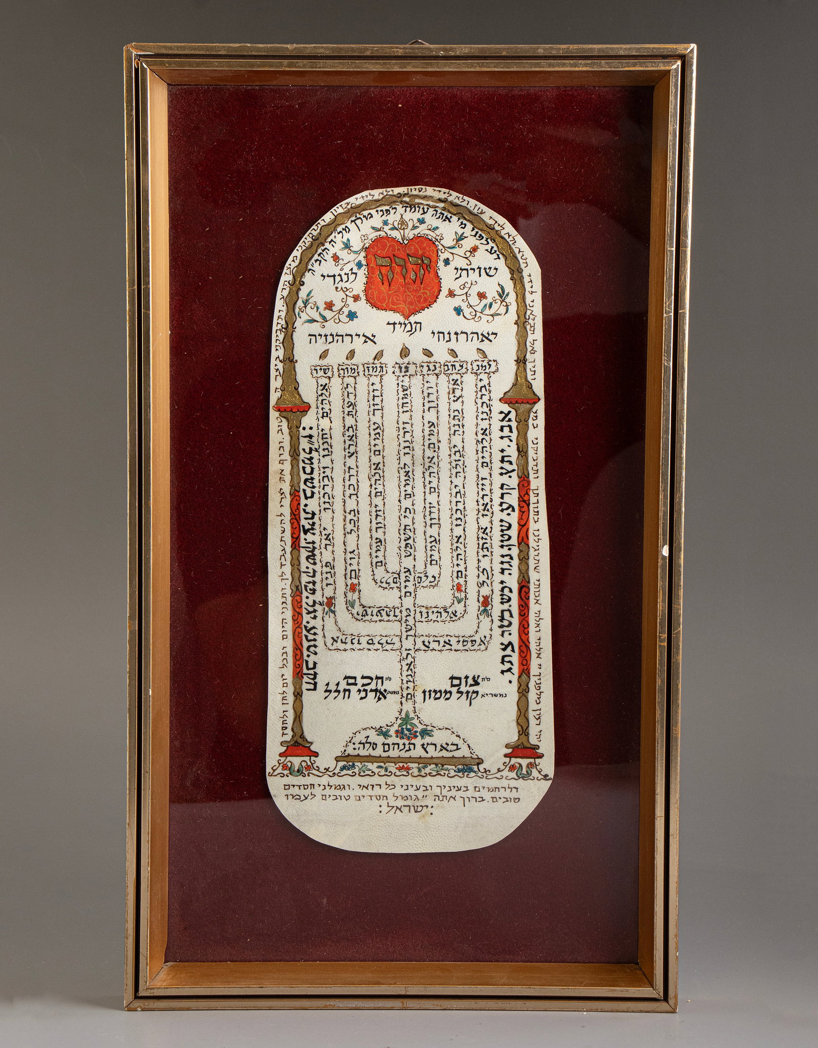 Hand Painted Jewish Shiviti: Shiviti written and painted by hand on parchment, 20th century. Decorated with floral motifs. Dimensions: 28X12 cm.