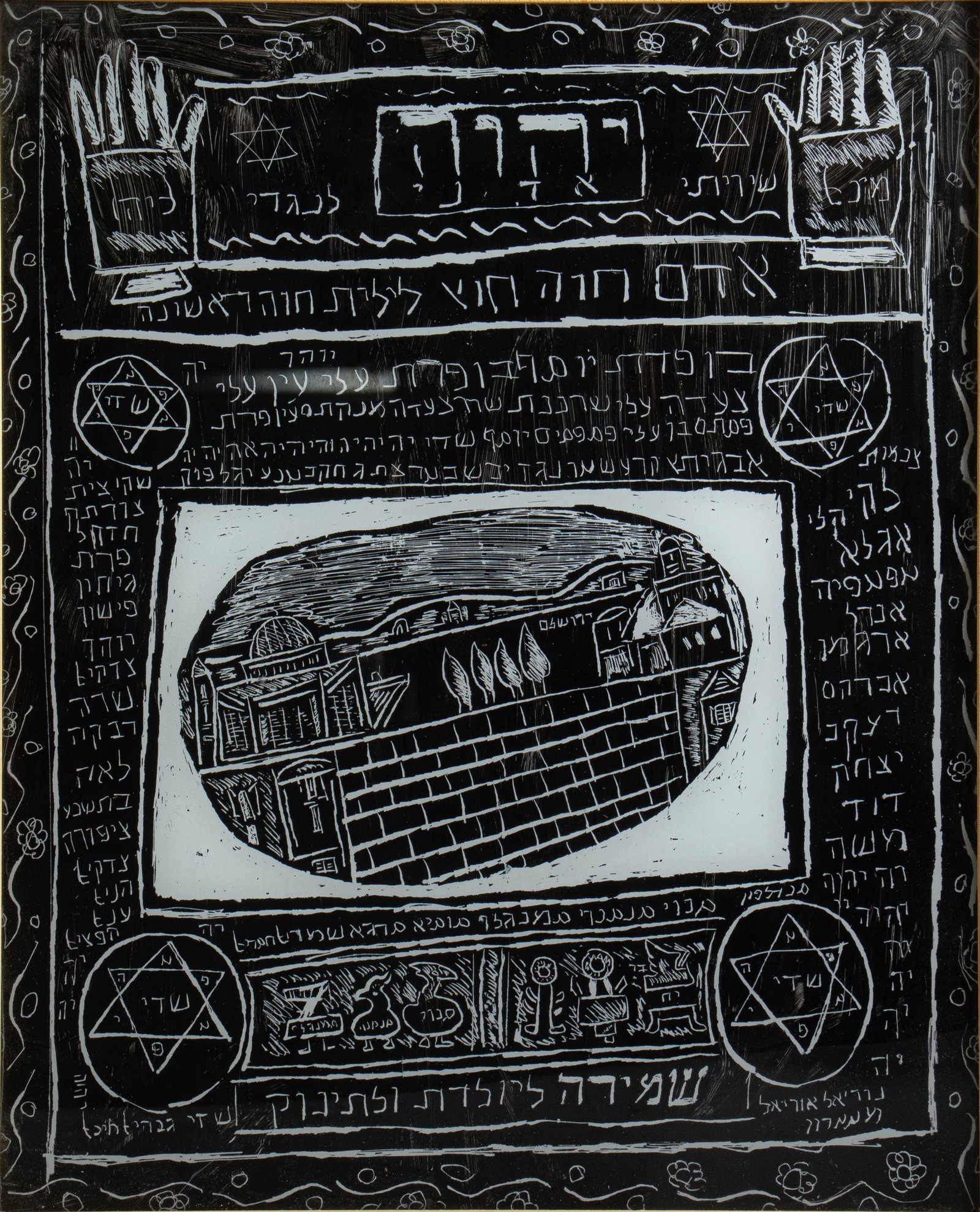 Jewish Amulet: Jewish amulet, painted on glass, Palestine. Intended for protection of a mother and newborn. Decorated with an image of the Western Wall, Stars of David inscribed “Shaddai”, Hamsa, and