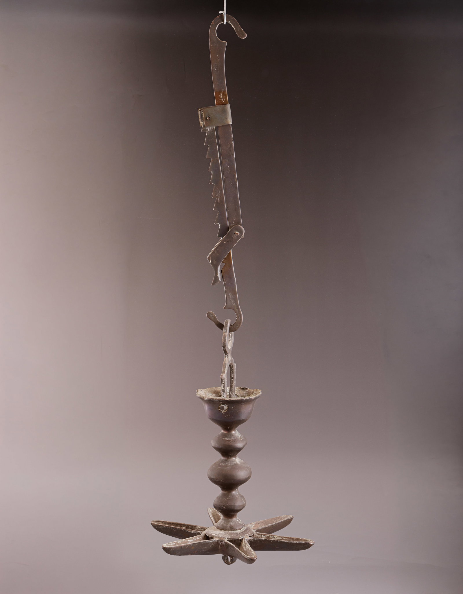Bronze Judenstern: Jewish bronze ceiling lamp (Judenstern) with 6 branches, probably Holland, 19th century. Height with rack: 65 cm.