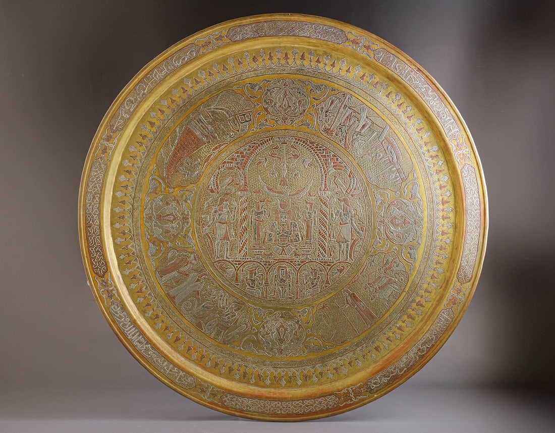 Large Biblical Damascene Brass Tray - Life of Moses: A large superb Jewish brass tray, set with silver and copper (Damascene). Decorated with scenes from the life of Moses, including Moses in the ark, Moses the shepherd, the burning bush, Moses before