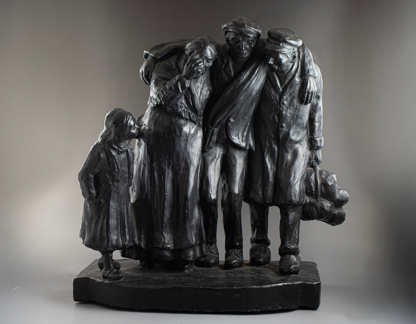 Large Terracotta Sculpture, Jewish Refugees: Unidentified artist, Jewish Refugees, Large painted terracotta sculpture, 55X27X49 cm, foundry stamp.