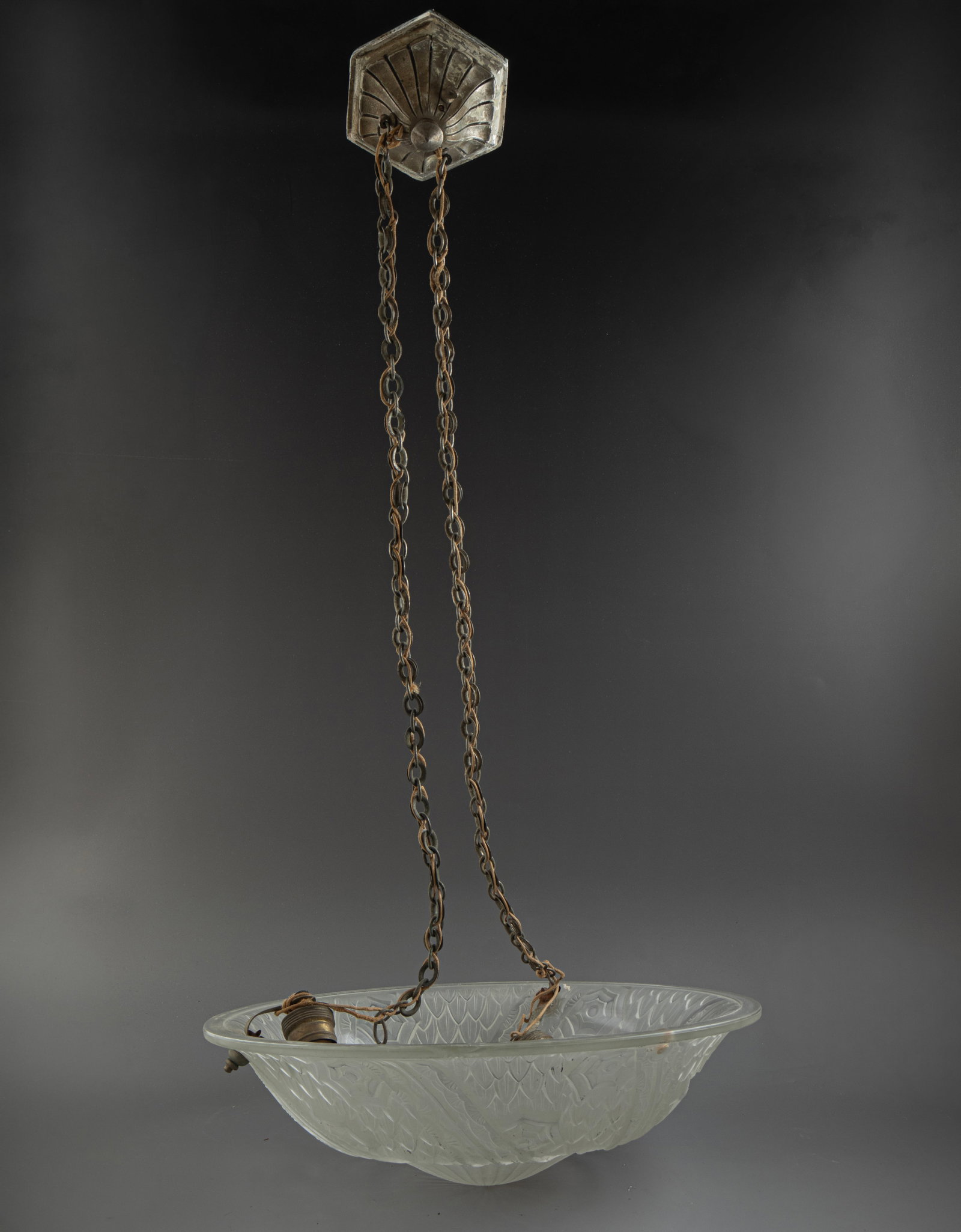 Art-Deco Frosted Glass Lampshade: Art-Deco frosted glass lampshade for a ceiling lamp made by Schneider - France. decorated with floral motifs. Diameter: 40 cm. A broken part to upper rim. Signed.