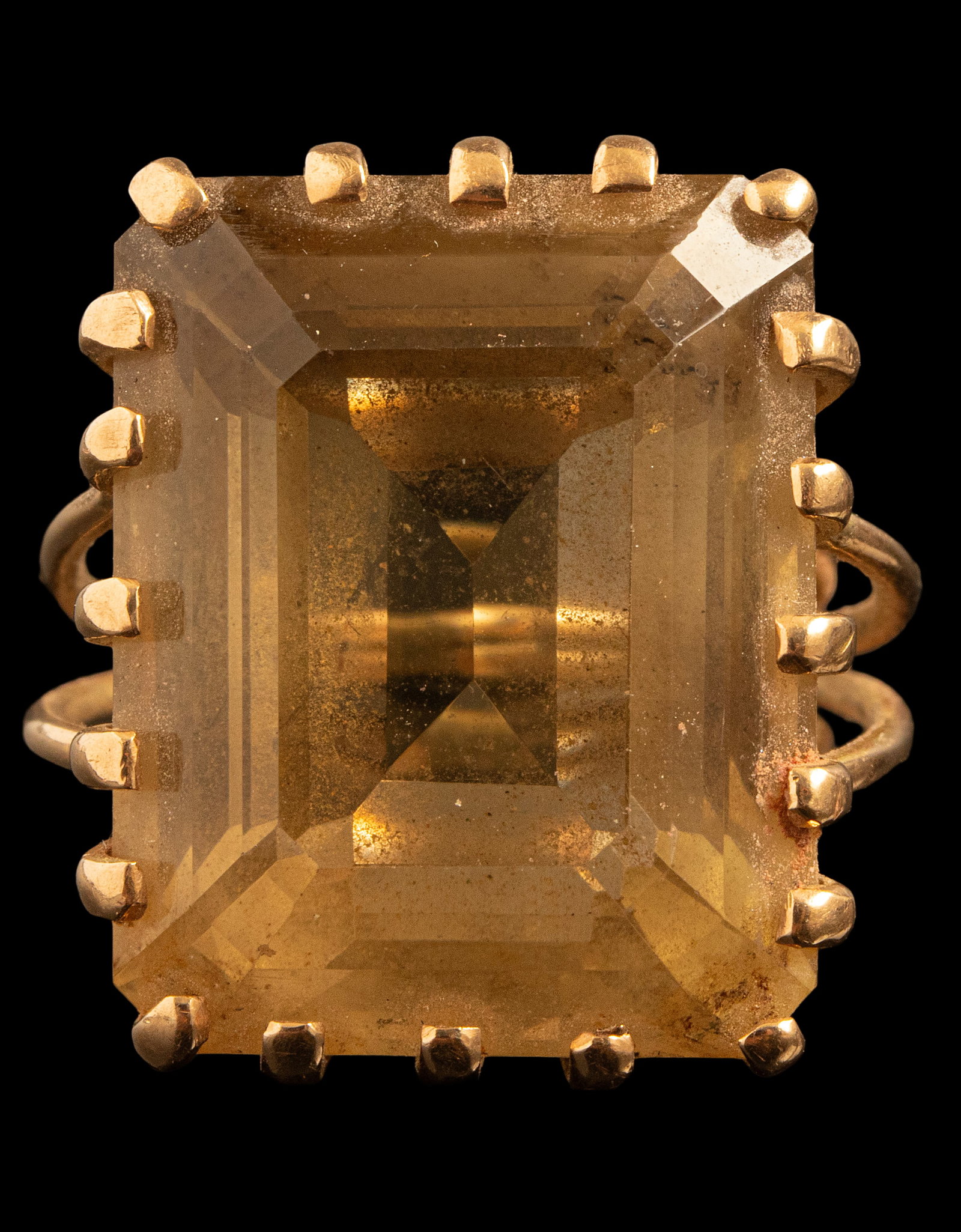 Gold Smoky Quartz Ring: 14K gold ring set with large smoky quartz (24X19 mm). Size: US 7.5, Total Weight: 19.5 g. Unmarked, the gold has been tested. An old repair.