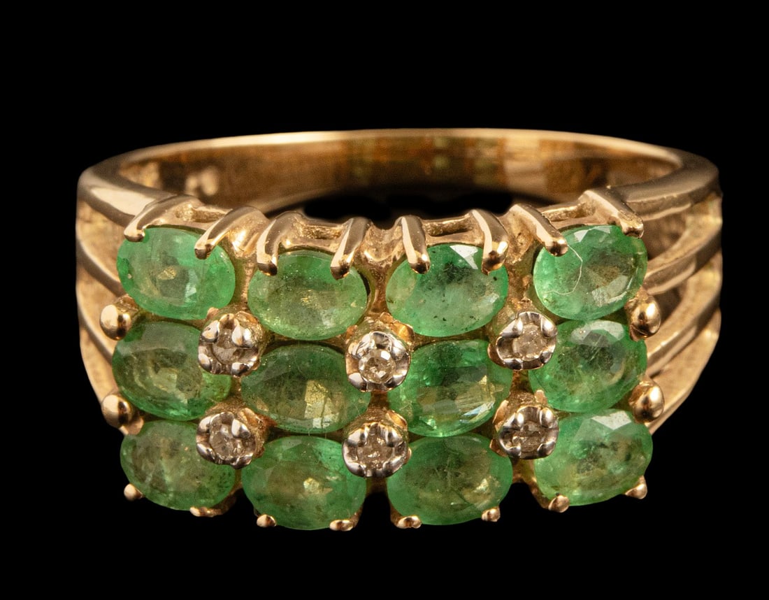 Gold Peridot Diamond Ring: 10K gold ring set with 12 Peridots and 6 diamonds weighing about 1 point each. Size: US 6 1/4, weight: 3.6 grams. Hallmarked.
