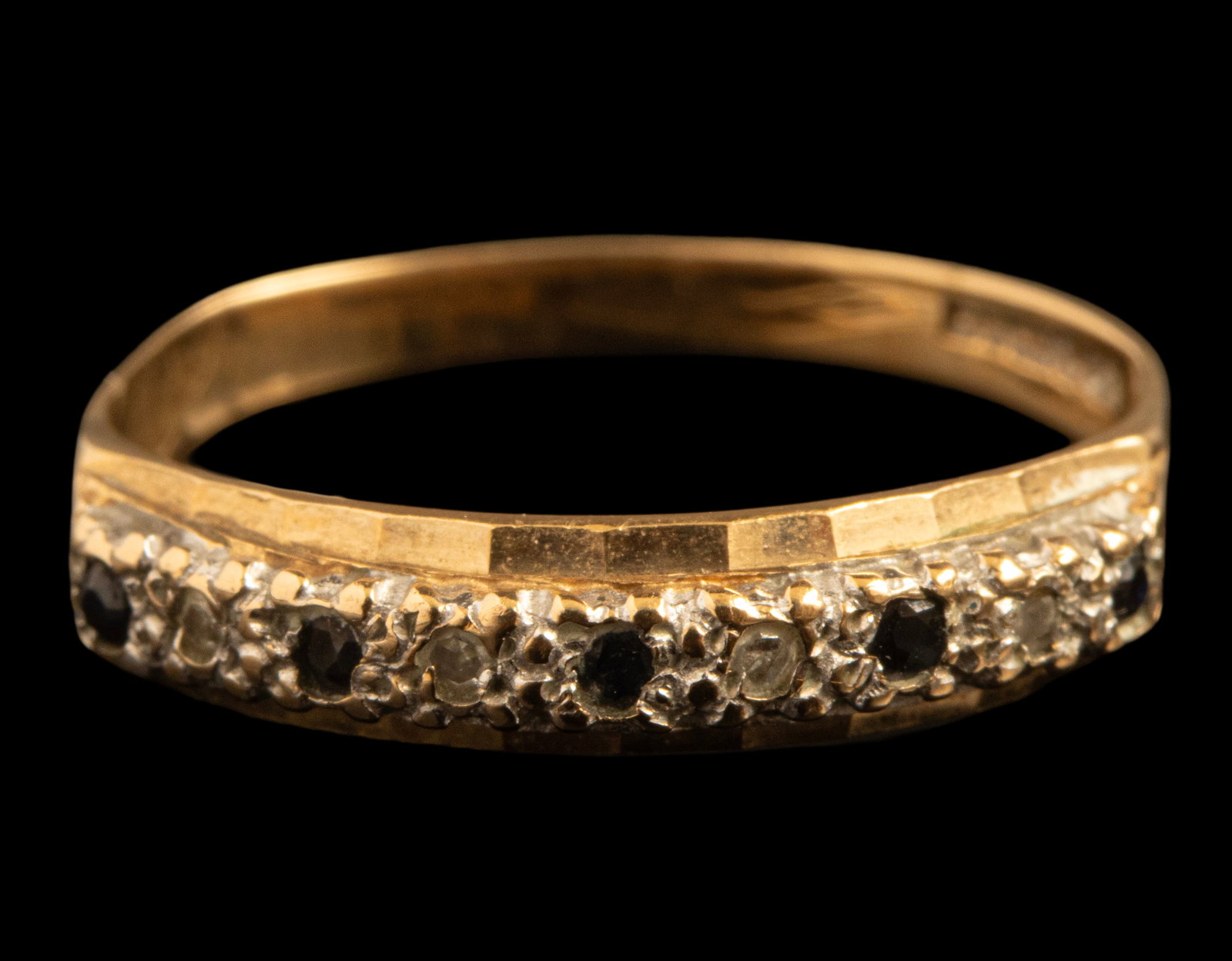 Gold Diamond Spinel Ring: English 9K Gold Half Eternity Ring, set with 4 diamonds weighing about 1 point each and spinels. Size: 6 US, Weight: 1.5 grams. Hallmarked.
