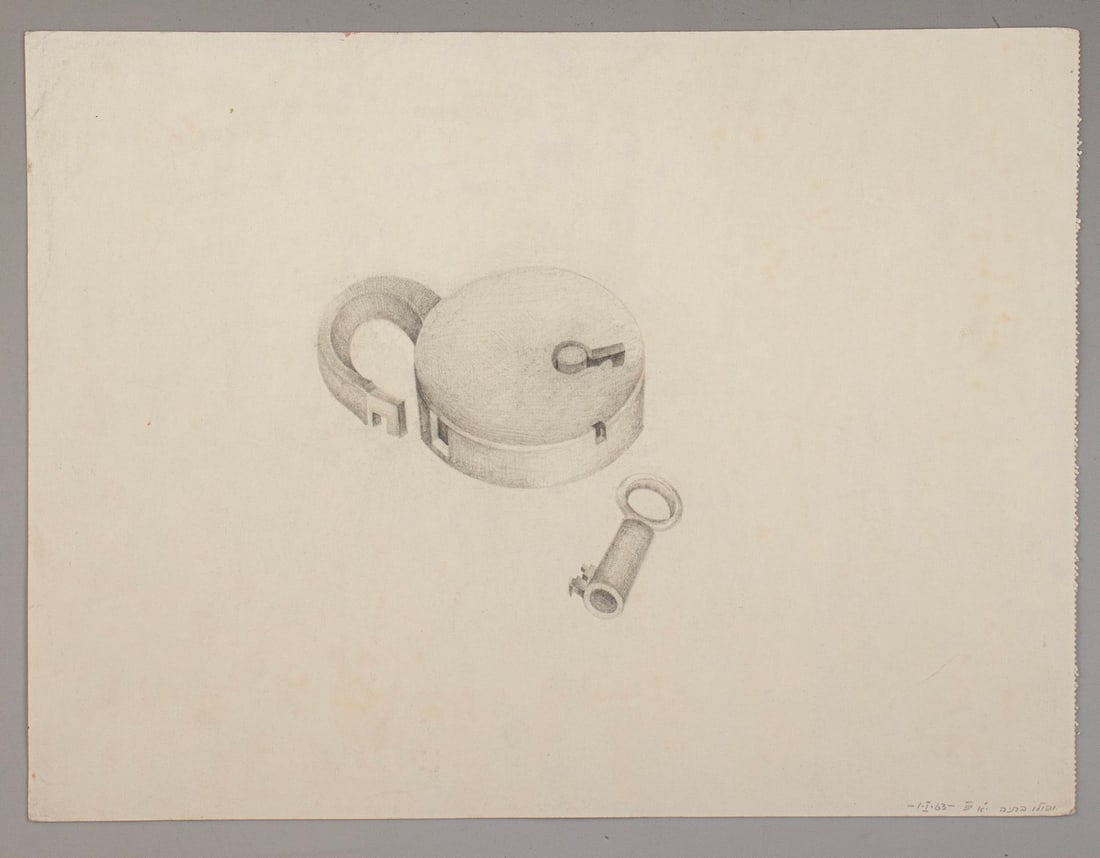 Batia Apollo (1946-2018): Batia Apollo (1946-2018), Lock and key, 1963, pencil on paper, Sheet dimensions: 33X24.5 cm. Signed.