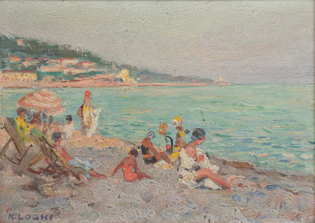 Kimon Loghi (Romanian, 1873-1952): Kimon Loghi (1873-1952), Figures on the seashore, oil on cardboard, 15.5X21.5 cm, signed.