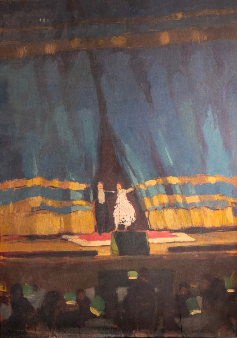 Renato Natali (Italian, 1883-1979): Renato Natali (1883–1979), Circus, oil on wood, 70X50 cm, signed. Cracks to the bottom part.