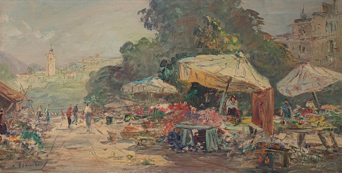 Oil Painting, Market Scene: Unidentified artist, Market scene, oil on canvas, 41X79 cm, signed.
