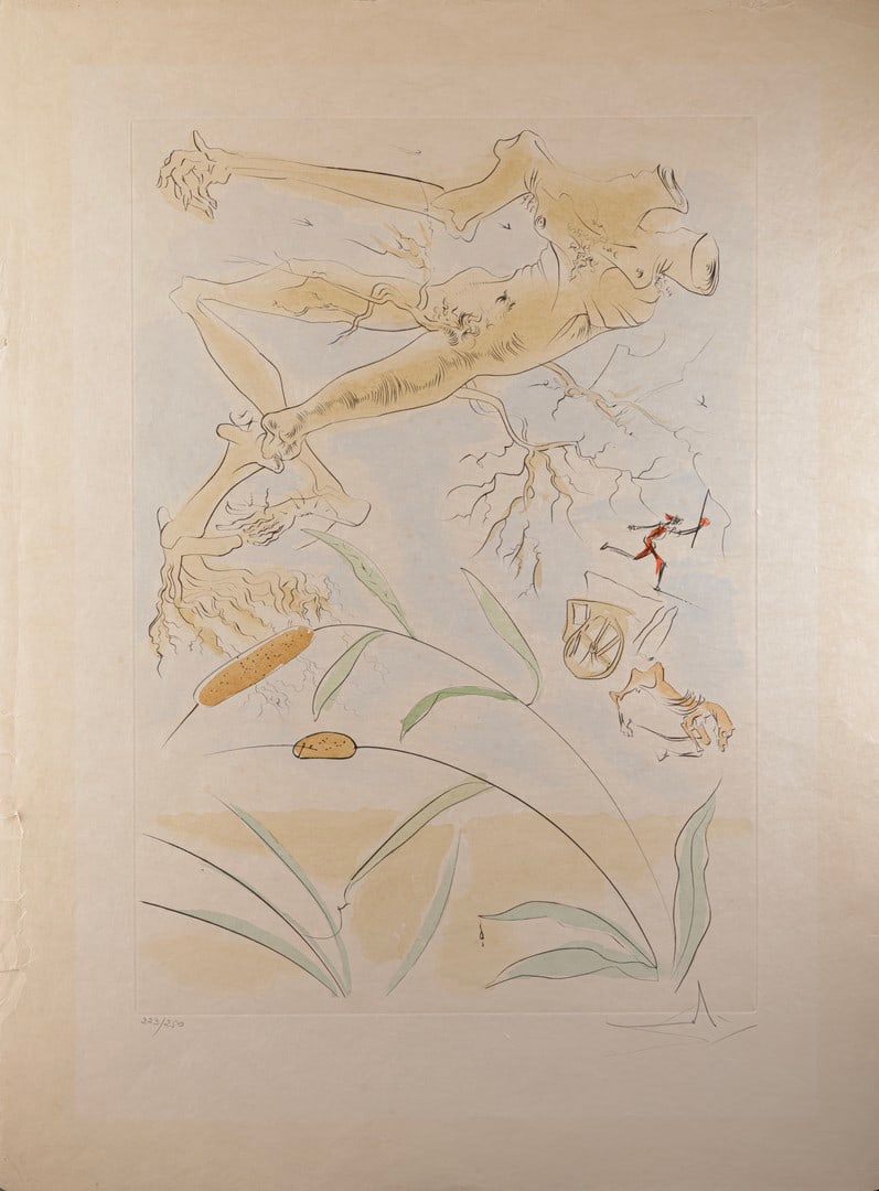 Salvador Dali (1904-1989): Salvador Dali (1904-1989), "The Oak and the Reed", from Le Bestiaire de la Fontaine Dalinisé, etching in colors and drypoint, 79X58 cm, hand signed and numbered 223/250. Minor defects, mainly to 
