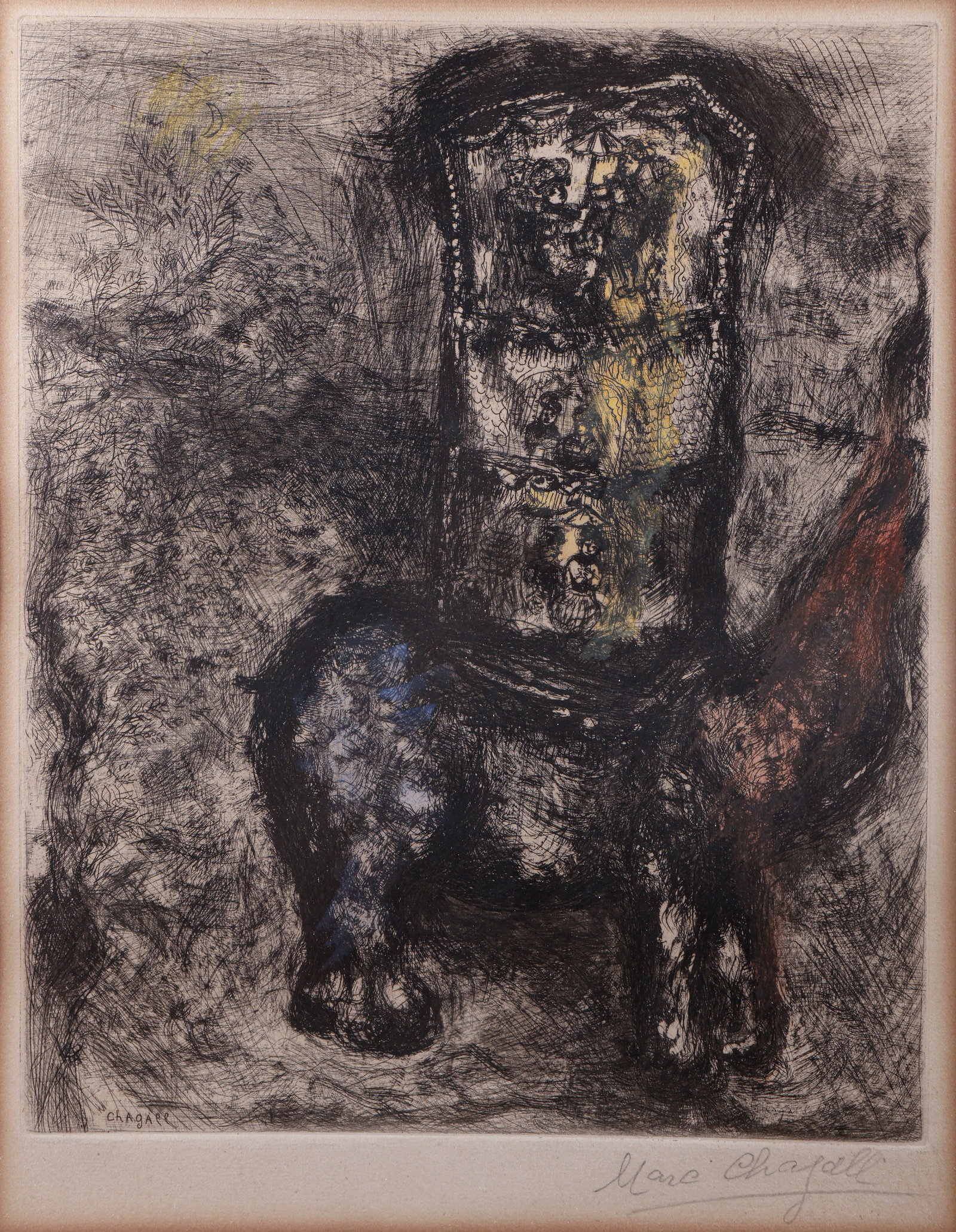 Marc Chagall (1887-1985): Marc Chagall (1887-1985), "Le rat et l’éléphant" (The Rat and the Elepahnt, from La Fontaine's Fables), Etching, 33X26 cm, signed in pencil.