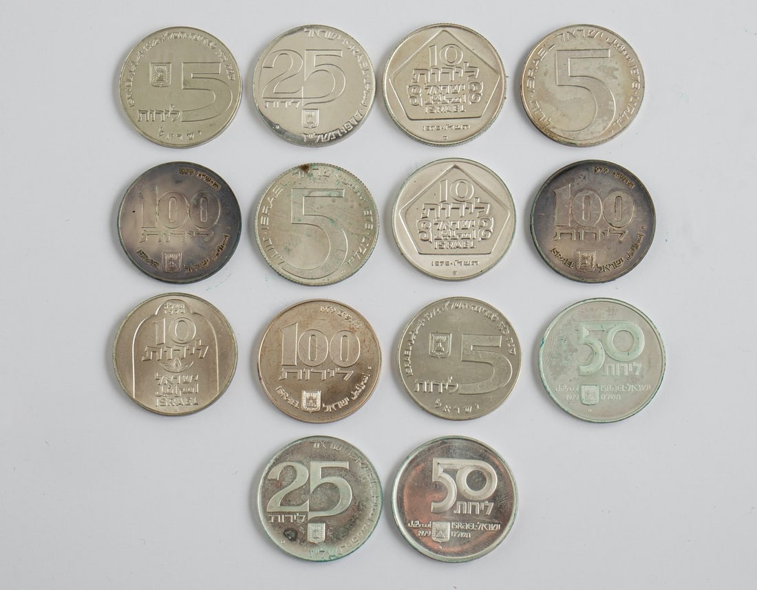 Israeli Silver Coins: Lot of fourteen 500 silver coins, Israel Government Coins and Medals Corp. Total weight: 280 grams.