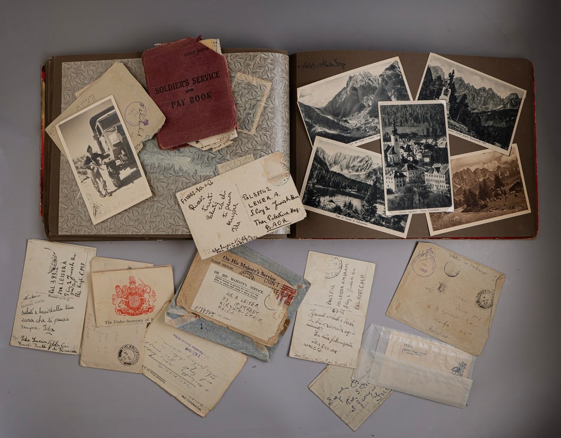 Documents and Paper Items, Jewish Brigade Soldier: Lot of documents and paper items belonging to a Jewish Brigade soldier, including 4 New Year greeting cards, correspondence between the Brigade soldier and his partner, a service and payments booklet,