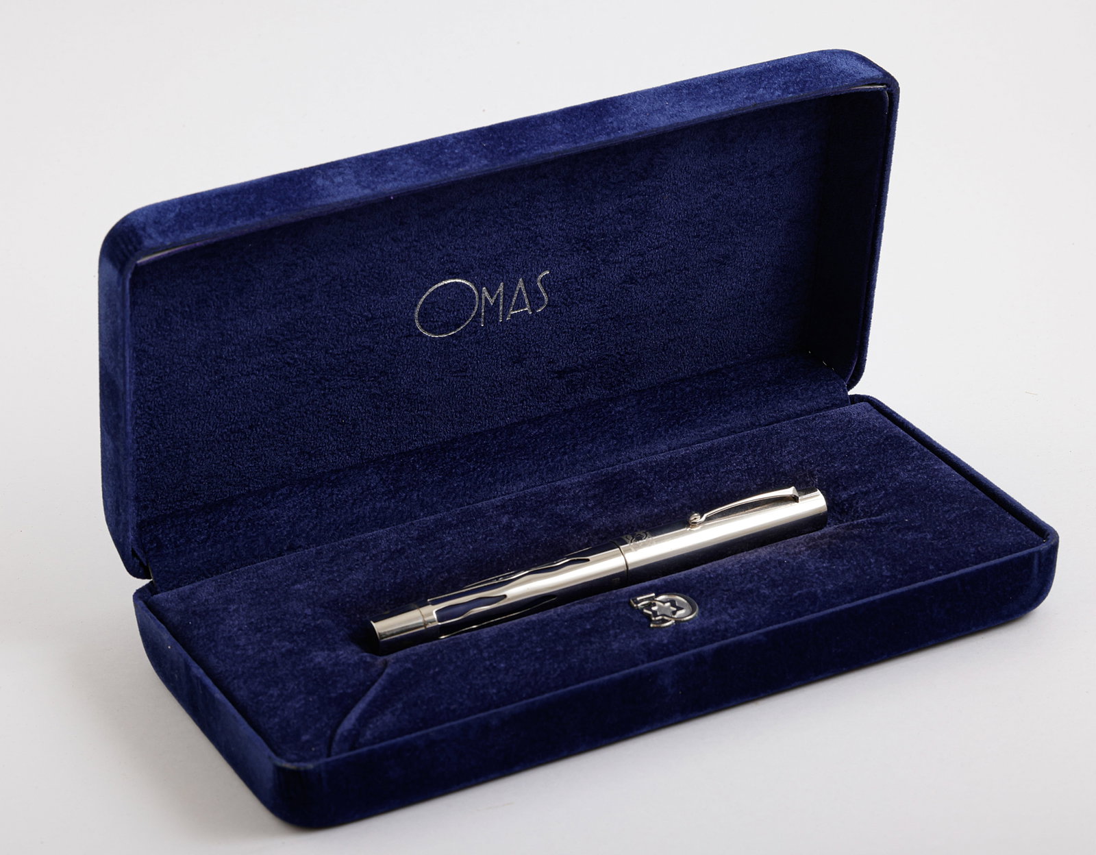 Omas Israel 50th Jubilee Fountain Pen, Limited Edition: Omas Israel 50th Jubilee fountain pen, Blue lacquer with sterling silver overlay, Limited edition. Size: 5.4" (13.7 cm). 2 toned 18K gold nib, M. Numbered 576/1100. Mint, in original case with certifi