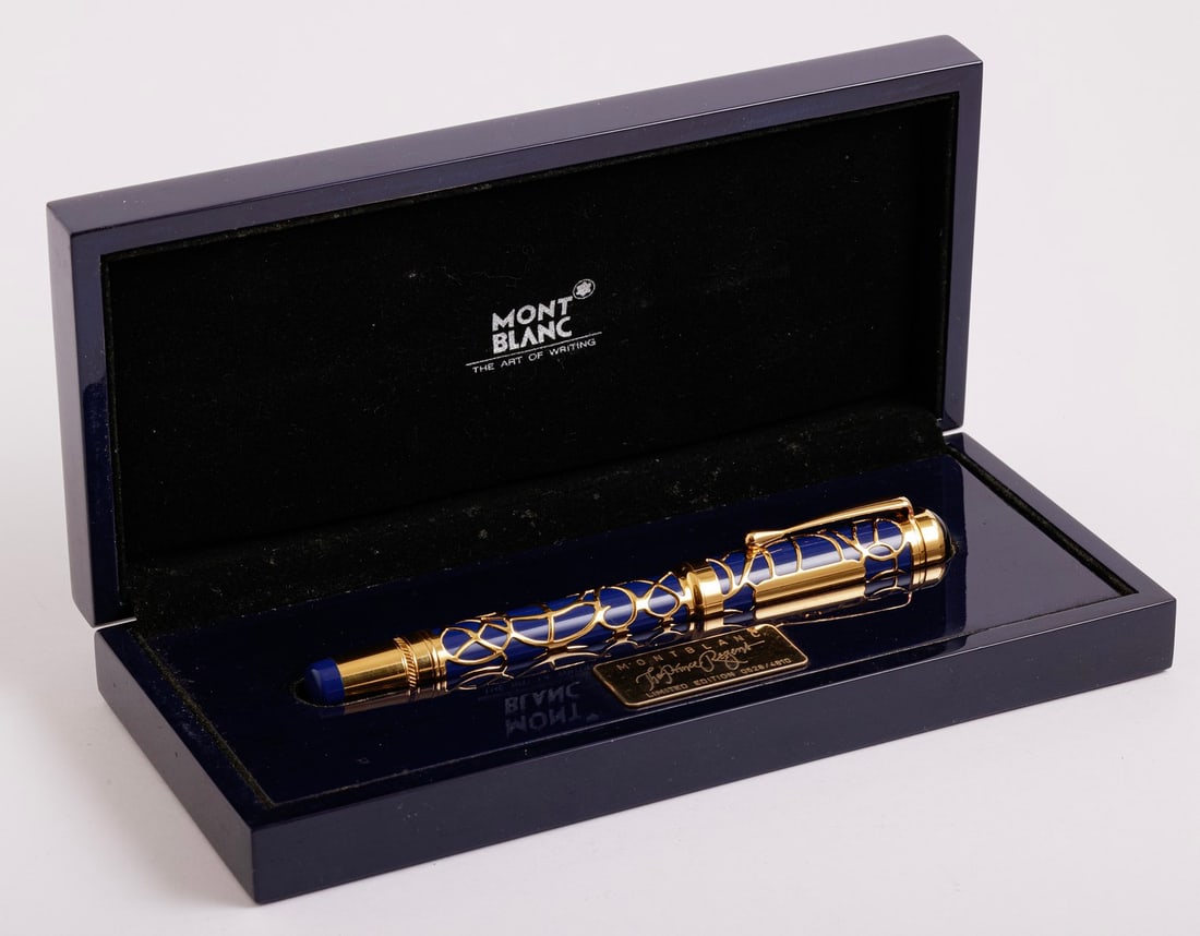 Montblanc- The Prince Regent - Limited Edition 4810 Fountain Pen: Montblanc Fountain pen - The Prince Regent - 4810 Limited edition. Blue with gold plated sterling silver overlay (Vermeil). Size: 5.5" (14.2 cm). 18K gold nib, M. Numbered 528/4810. Mint, in original 