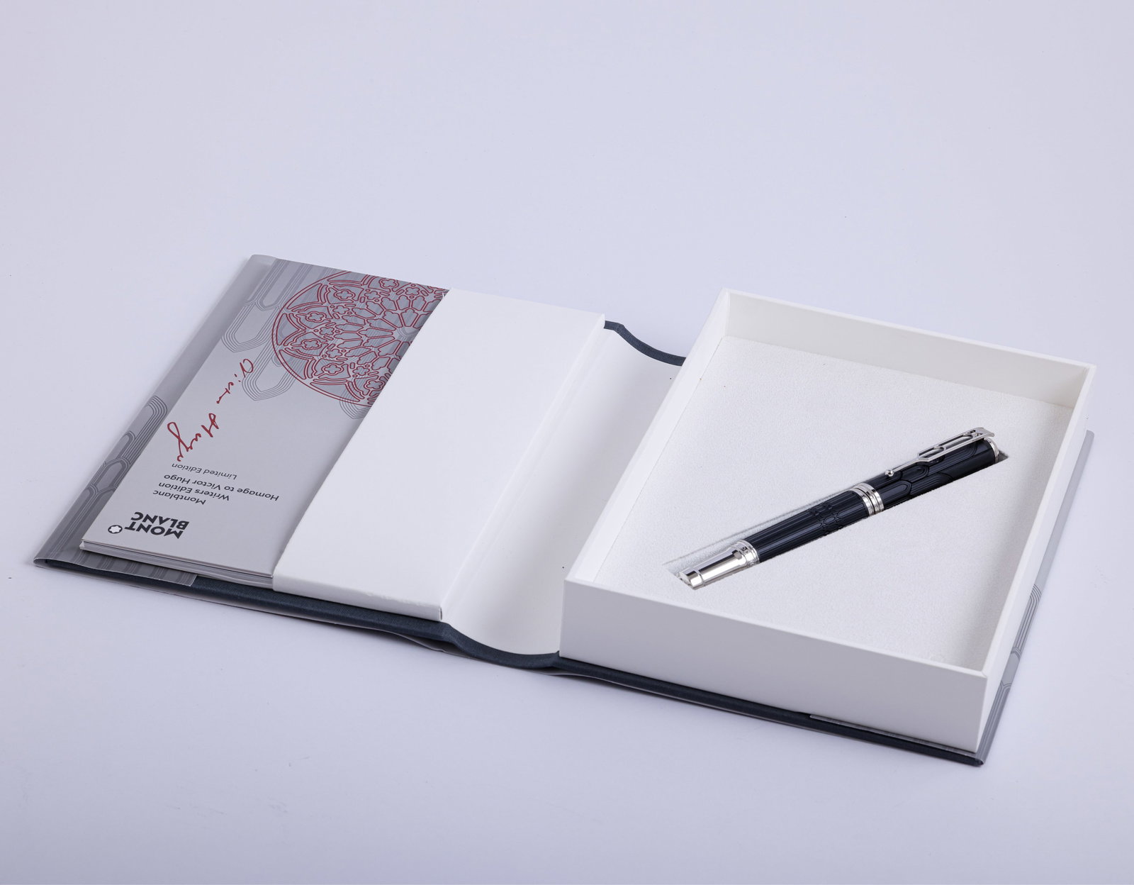 Montblanc Limited Edition Fountain Pen, Homage to Victor Hugo: Montblanc Fountain pen, Homage to Victor Hugo, Limited Writers Edition. Size: 5.7" (14.5 cm). 18K white gold nib, F. Numbered 5599/9800. Mint, in original case with certificates. Never inked.