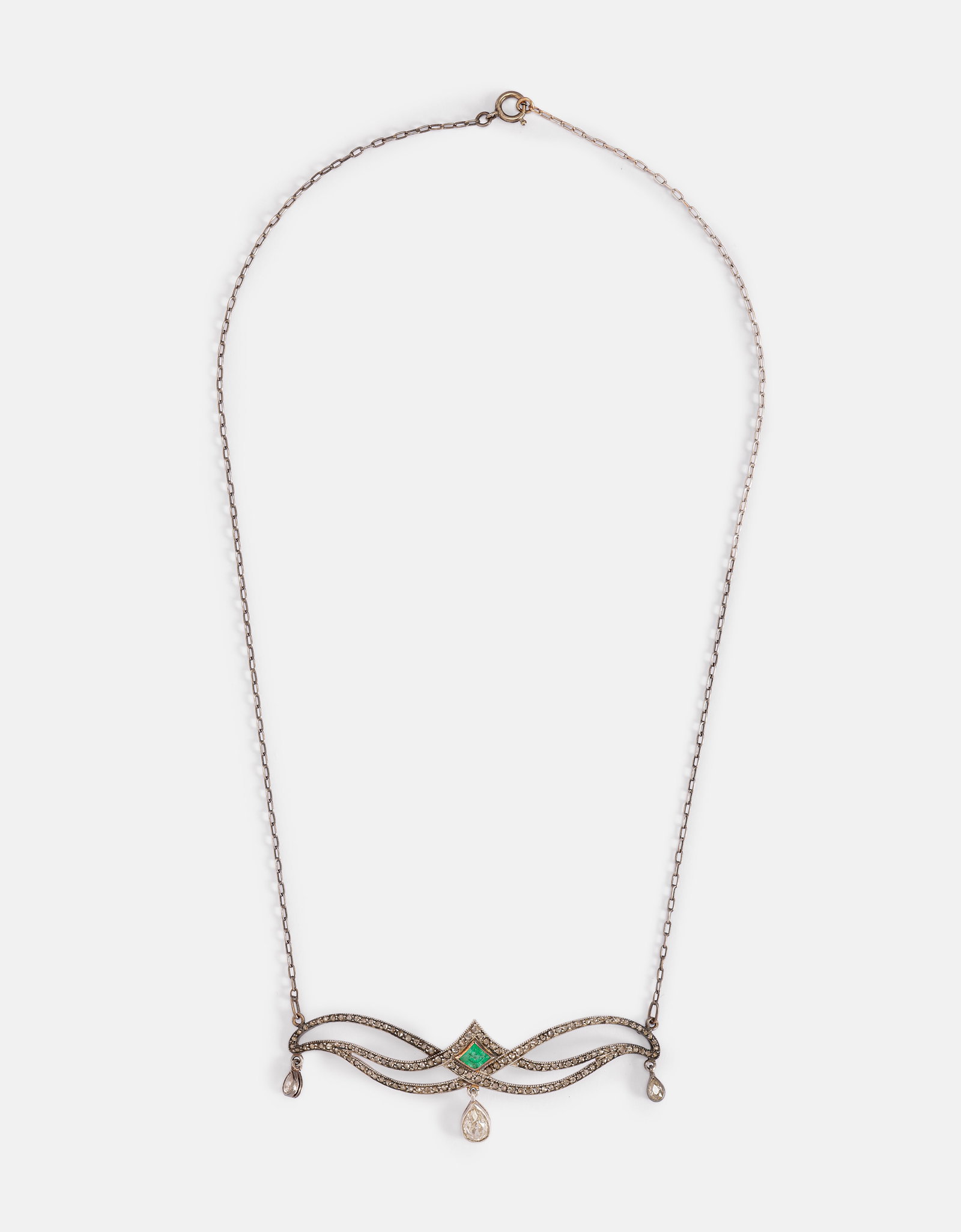 Platinum & Diamonds Necklace: Art Nouveau style platinum necklace, set with small diamonds, a central pear-cut diamond weighing approximately 0.50 carat, two pear-cut diamonds weighing approximately 0.20 carat each, and a central 