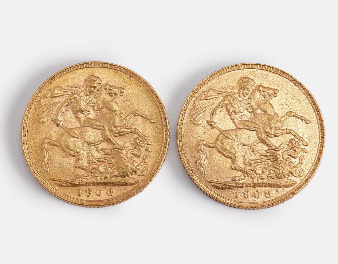 English Gold Sovereign Coins: Lot of 2 English 22K gold Sovereign coins, 1906 and 1908. Total weight: 15.99 grams.