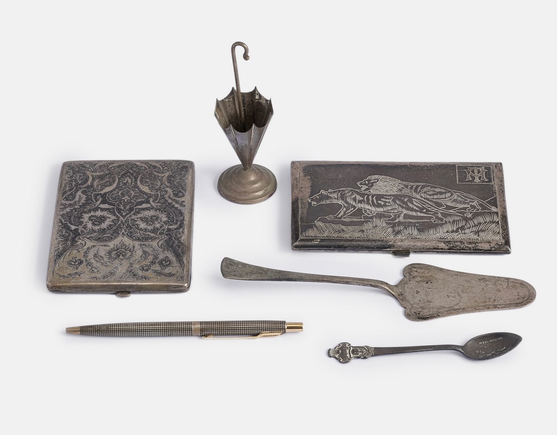 Silver Items: Lot of silver items, various origins. Including two 800 silver cigarette cases, a 12 silver spoon, an 800 silver server, a Parker sterling silver ballpoint pen, and a weighted 800 silver toothpick