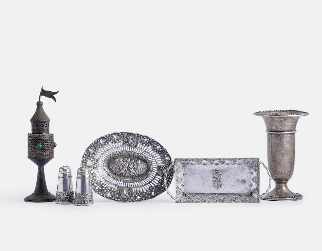 Silver Items: Lot of 6 silver items, various origins. Including an Israeli sterling silver bowl, salt cellar, and pepper shaker, a European 800 silver bowl, a sterling silver spice tower (Besamim), and a weighted