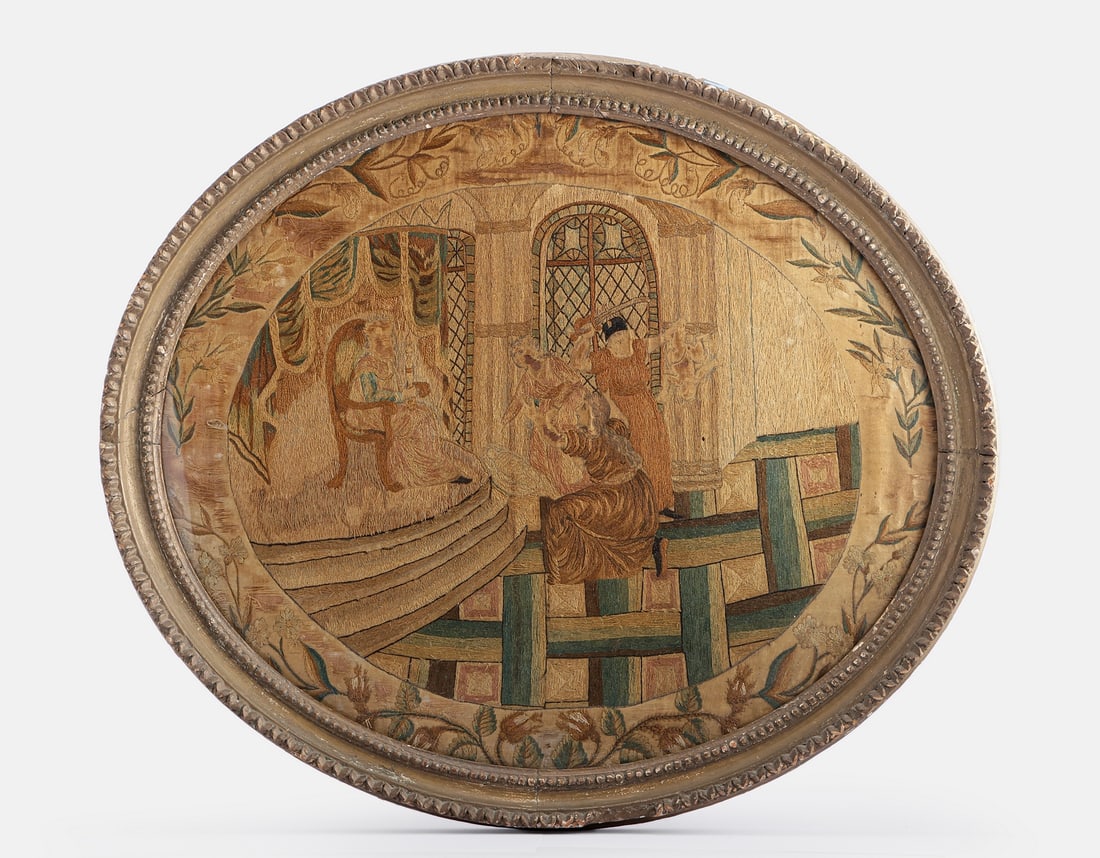 Embroidery, Judgment of Solomon: Embroidered work depicting the Judgment of Solomon, 19th century. Framed. Embroidery dimensions: 39X46 cm. Frame dimensions: 45.5X52.5 cm. Not examined out of the frame.