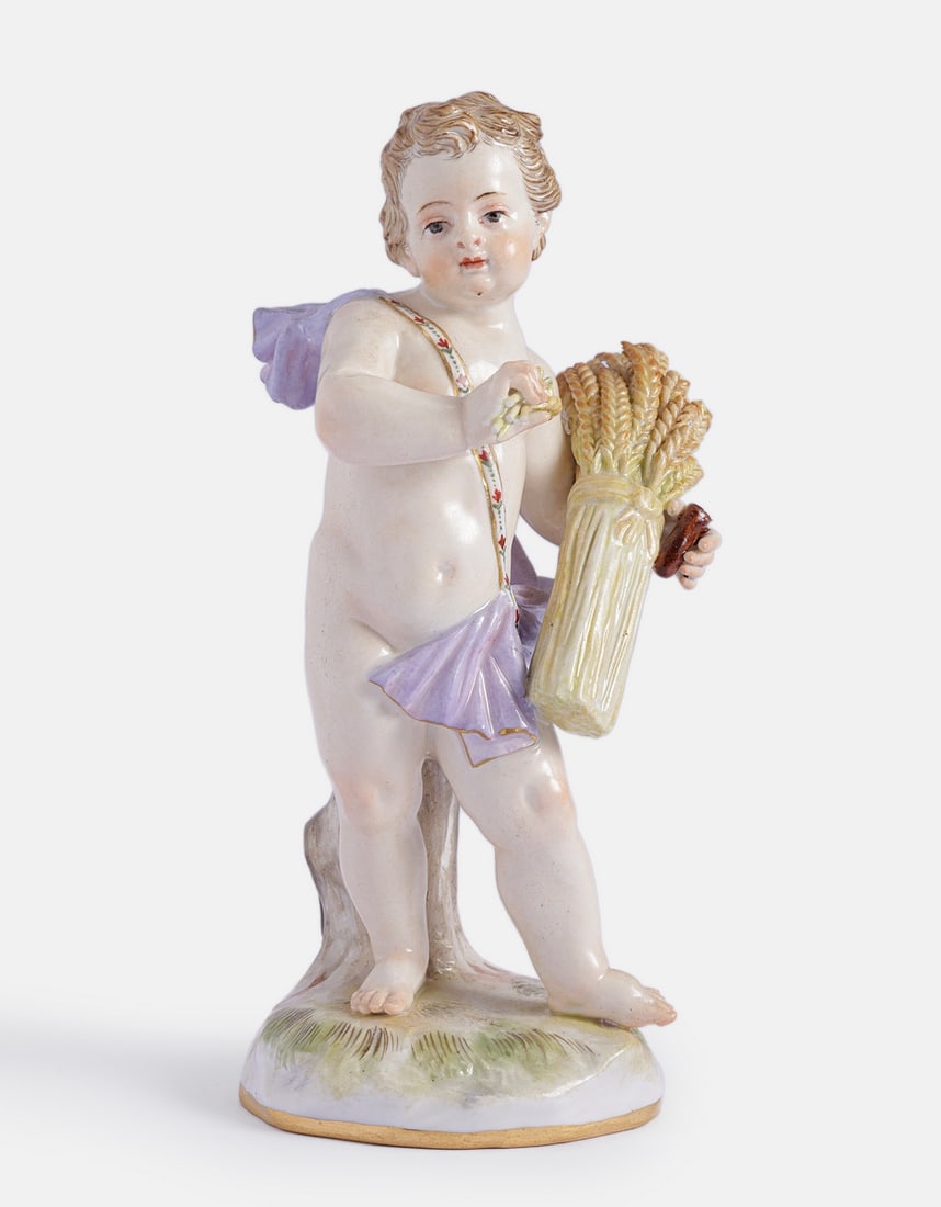 Meissen Porcelain Figurine: Meissen Porcelain figurine, "Allegory for Summer", from the four-season series. Height: 13.5 cm. Marked and bears model number: A67. Flaws.