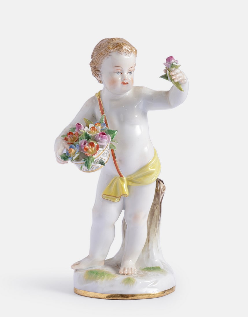 Meissen Porcelain Figurine: Meissen Porcelain figurine, "Allegory for Spring", from the four-season series. Height: 13 cm. Marked and bears model number: A64. Minute flaws.