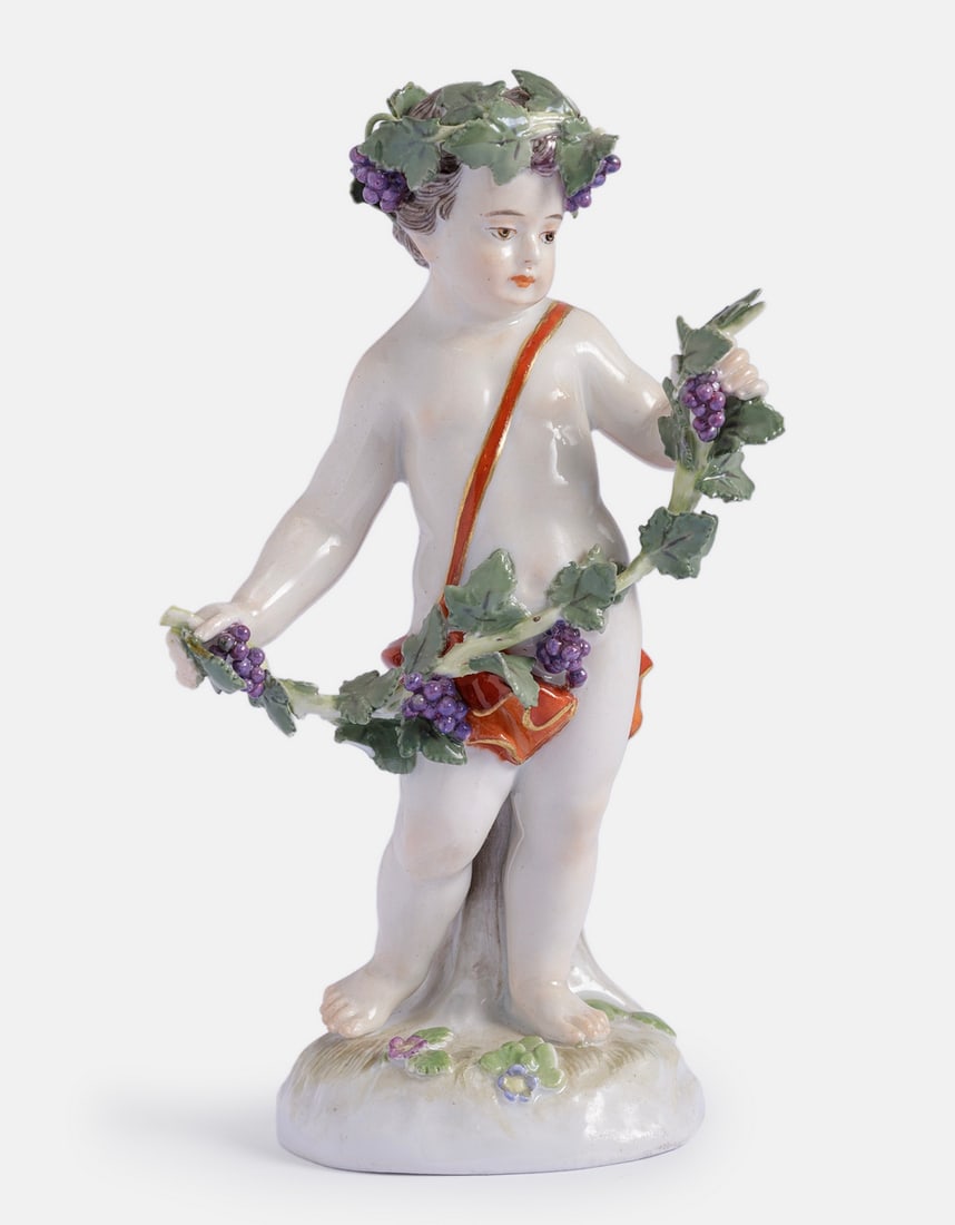Meissen Porcelain Figurine: Meissen Porcelain figurine, "Allegory for Autumn", from the four-season series. Height: 13.5 cm. Marked and bears model number: A69. Minute flaws.